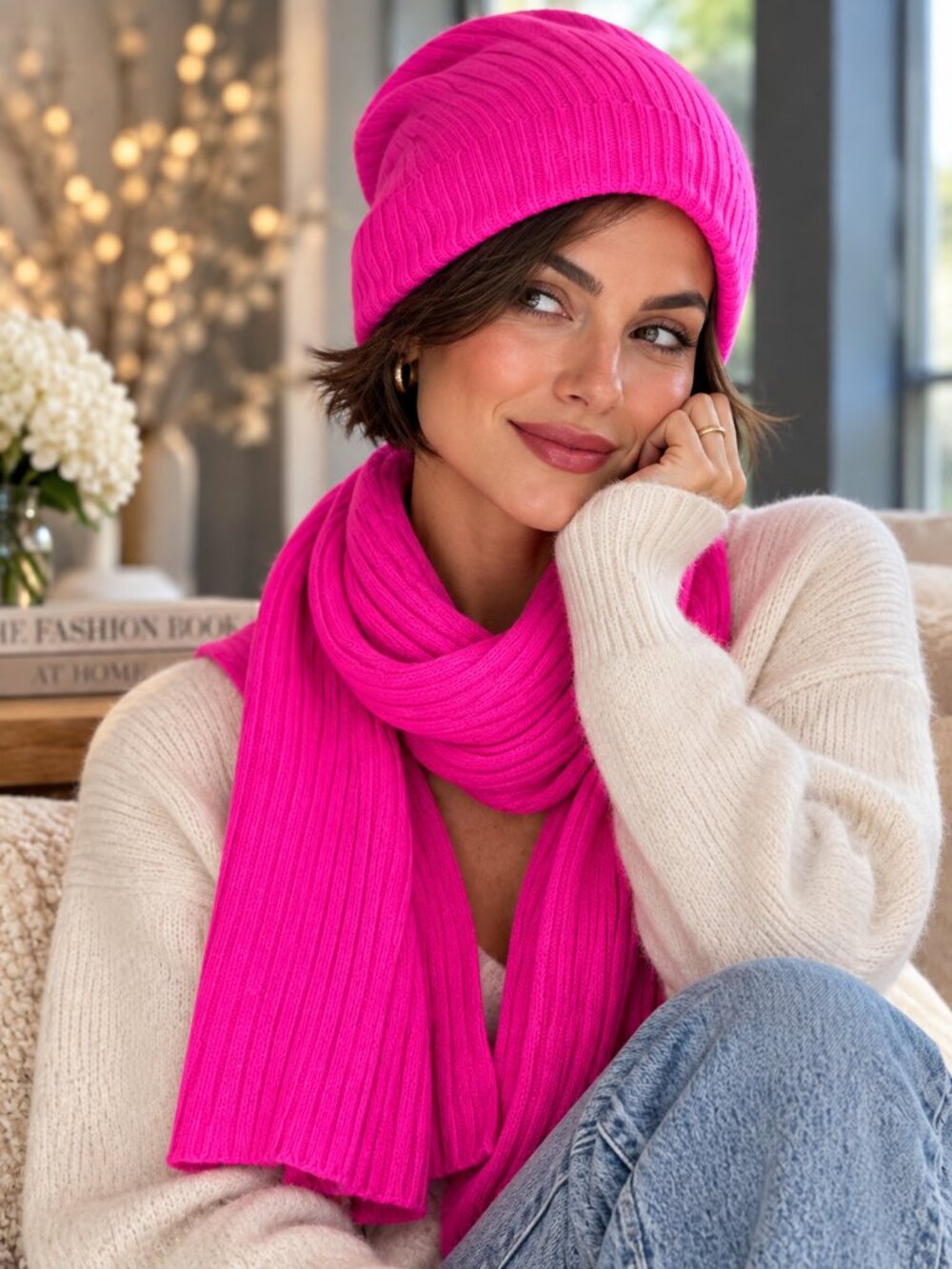 Talbots 100% Cashmere Bright Pink Hat & Scarf Set NWT